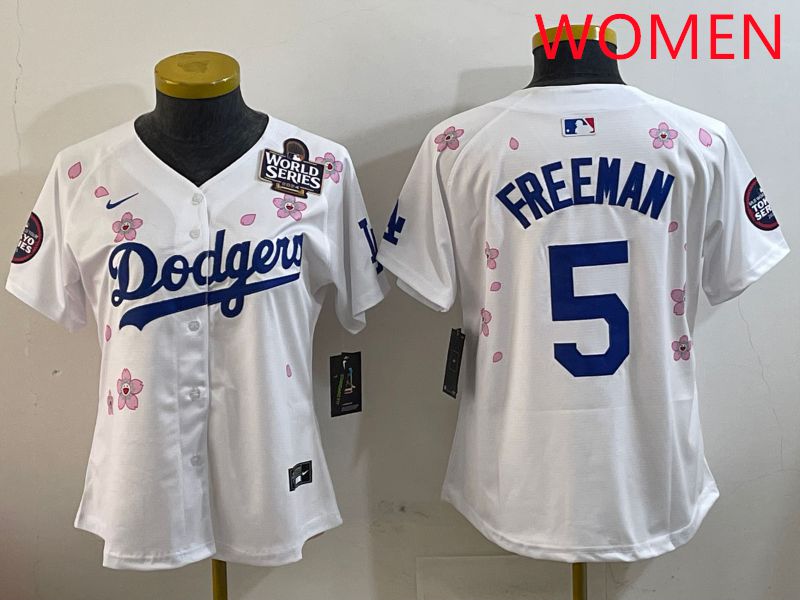 Women Los Angeles Dodgers 5 Freeman White Sakura Edition 2025 Nike MLB Jersey style 3